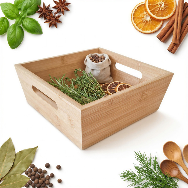 TACA BAMBUSOWA SKRZYNKA KWADRATOWA ORGANIZER Z DREWNA PUDEŁKO 25x25x7,5 cm