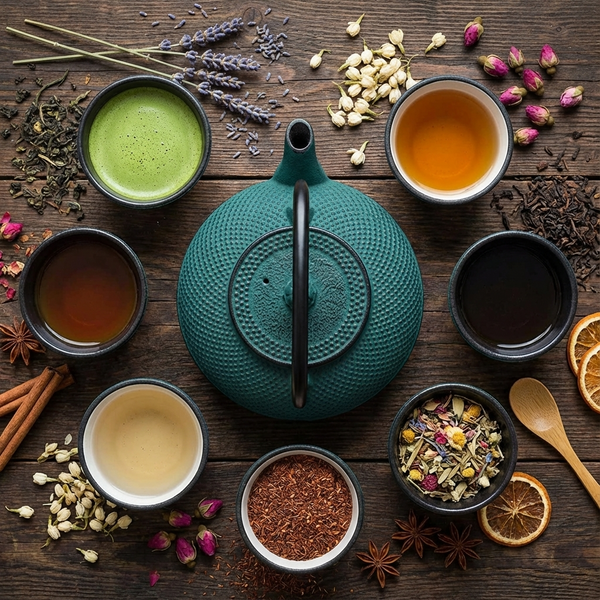 CZAJNIK ŻELIWNY ZAPARZACZ 1,8L Z ZESTAW 6 CZAREK DO HERBATY ZIÓŁ ZIELONY