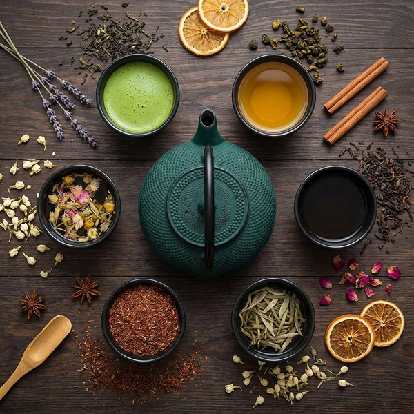 CZAJNIK ŻELIWNY ZAPARZACZ 1,8L Z ZESTAW 6 CZAREK DO HERBATY ZIÓŁ ZIELONY