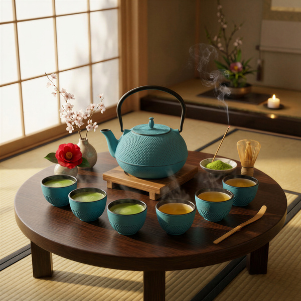 CZAJNIK ŻELIWNY ZAPARZACZ 1,8L Z ZESTAW 6 CZAREK DO HERBATY ZIÓŁ TURKUSOWY