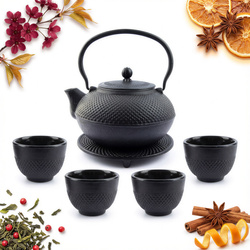 CZAJNIK 1,5L ŻELIWNY 4x CZARKI PODKŁADKA ZESTAW