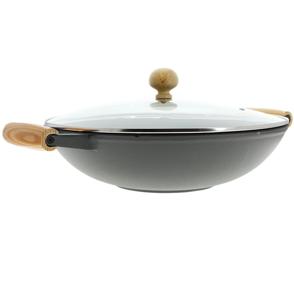 WOK ŻELIWNY PATELNIA 37 CM Ø POKRYWKA ZESTAW + PRZYBORY