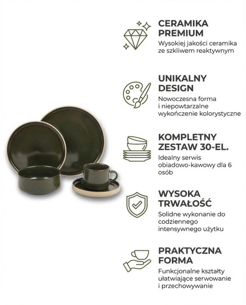 SERWIS OBIADOWYO KAWOWY 30 EL. DLA 6 OSÓB FILIŻANKI DO KAWY GREEN CERAMIKA