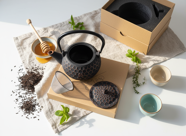 CZAJNIK ŻELIWNY IMBRYK 1,8L ZAPARZACZ DO HERBATY Z MIEDZIANYMI AKCENTAMI