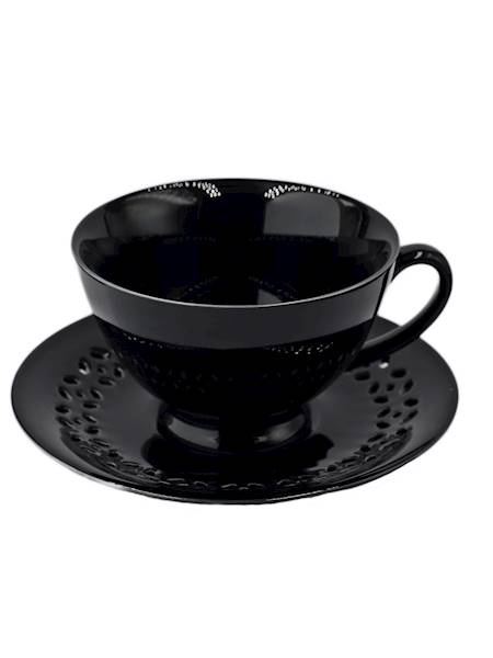 FILIŻANKA CERAMICZNA CZARNA 260ml ZE SPODKIEM AŻUROWYM DO KAWY HERBATY