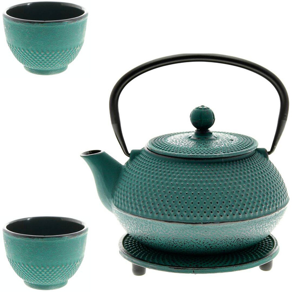 CZAJNIK 0.8L ŻELIWNY 2x CZARKI PODKŁADKA IMBRYK Z SITKIEM DO ZIÓŁ HERBATY