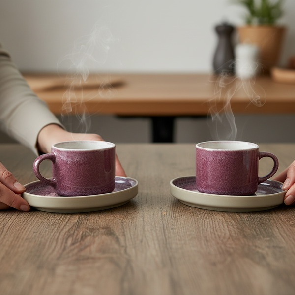 FILIŻANKI ZESTAW KAWOWY ZE SPODKAMI DO KAWY HERBATY 200 ml ŚLIWKOWE Ø 8,5cm