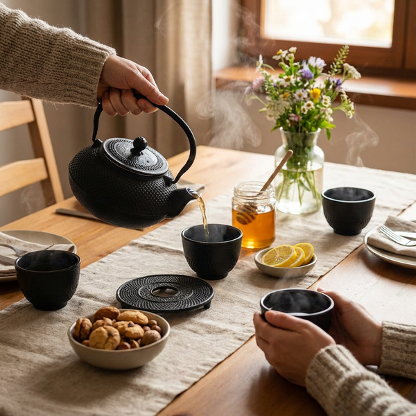 CZAJNIK IMBRYK ŻELIWNY 1,5L ZESTAW 6 SZT. CZARNY DO HERBATY Ø 18 CM