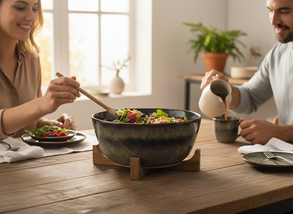 MISKA DUŻA MISA Ø27,5 cm SAŁATKOWA SURÓWKI Z DREWNIANĄ PODSTAWKĄ CERAMIKA