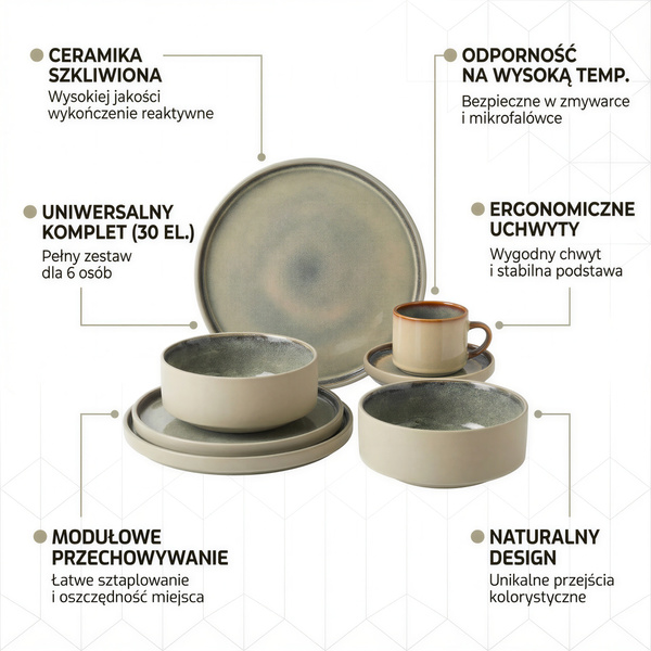 SERWIS OBIADOWYO KAWOWY 30 EL. DLA 6 OSÓB FILIŻANKI DO KAWY SZARY CERAMIKA