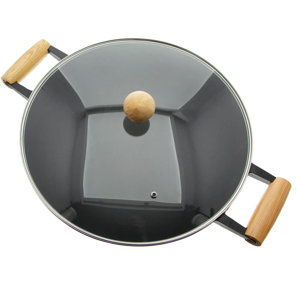 WOK ŻELIWNY PATELNIA 37 CM Ø POKRYWKA ZESTAW + PRZYBORY