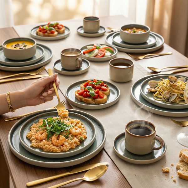 SERWIS OBIADOWYO KAWOWY 30 EL. DLA 6 OSÓB FILIŻANKI DO KAWY SZARY CERAMIKA