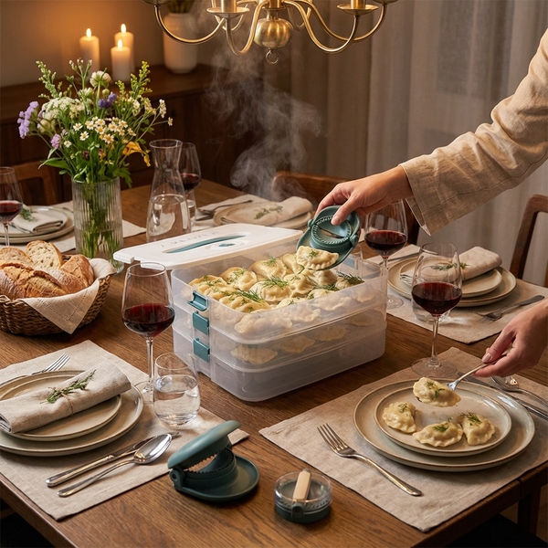 ZESTAW POJEMNIKÓW I WYKRAWACZY DO PIEROGÓW 3W1 PRZEZROCZYSTY 4,5L