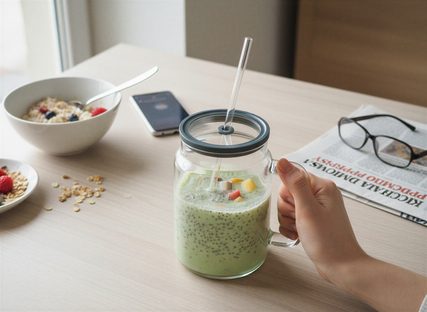 KUBEK BIDON DUŻY SZKLANY 1,5L PRZEZROCZYSTY Z POKRYWKĄ I SŁOMKĄ BIG SZKLANA