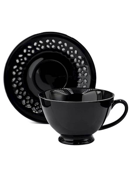 FILIŻANKA CERAMICZNA CZARNA 260ml ZE SPODKIEM AŻUROWYM DO KAWY HERBATY