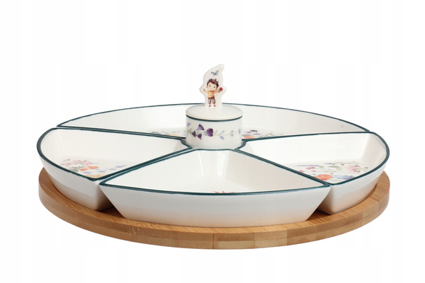 OBROTOWA PATERA CERAMICZNA 27,5 CM NA BAMBUSIE 7 ELEMENTÓW PANI KWIATEK