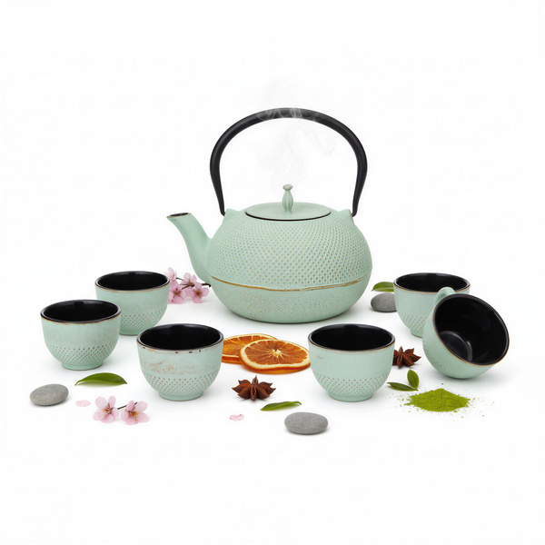 CZAJNIK ŻELIWNY ZAPARZACZ 1,8L Z ZESTAW 6 CZAREK DO HERBATY ZIÓŁ MIĘTOWY