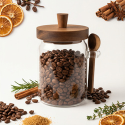 POJEMNIK SZKLANY 550 ml SŁOICZEK Z BAMBUSOWĄ POKRYWKĄ I ŁYŻECZKĄ