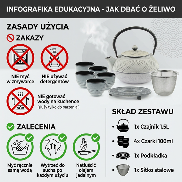 CZAJNIK ŻELIWNY 1,5L ZAPARZACZ DO HERBATY 4 CZARKI ZESTAW 5 ele NA PREZENT