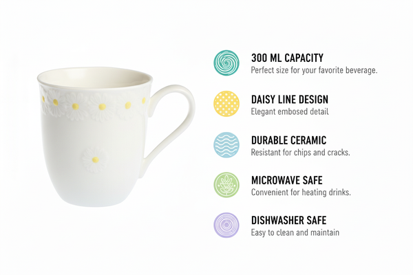 KUBEK DO KAWY HERBATY CZEKOLADY 300 ml BIAŁY CERAMIKA DESIGN DAISY LINE