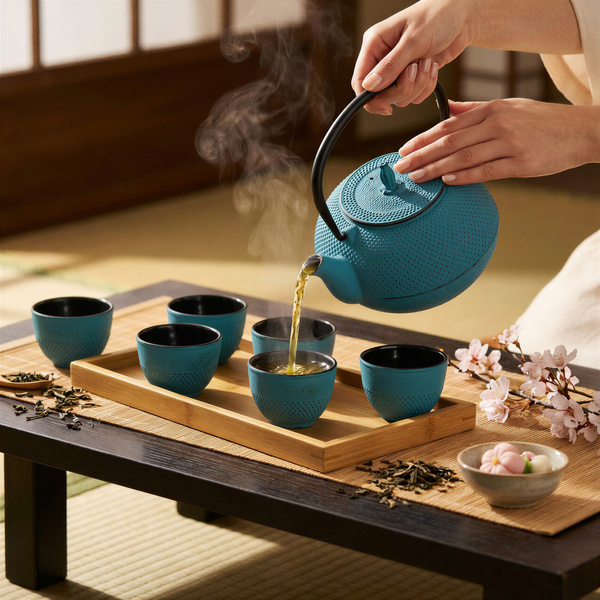 CZAJNIK ŻELIWNY ZAPARZACZ 1,8L Z ZESTAW 6 CZAREK DO HERBATY ZIÓŁ TURKUSOWY