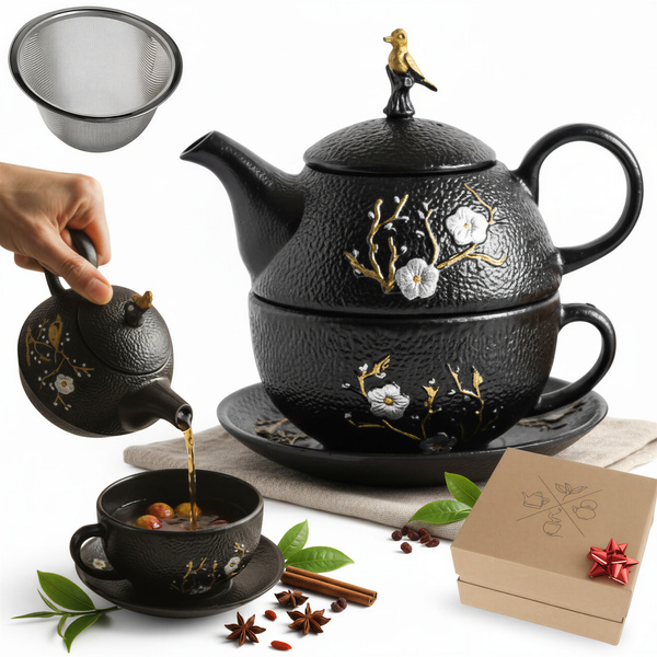 ZAPARZACZ FILIŻANKA SPODEK 0,4L ZESTAW CZARNY ŻELIWNY DO HERBATY PTASZEK