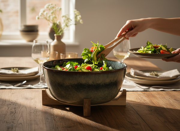 MISKA DUŻA MISA Ø27,5 cm SAŁATKOWA SURÓWKI Z DREWNIANĄ PODSTAWKĄ CERAMIKA