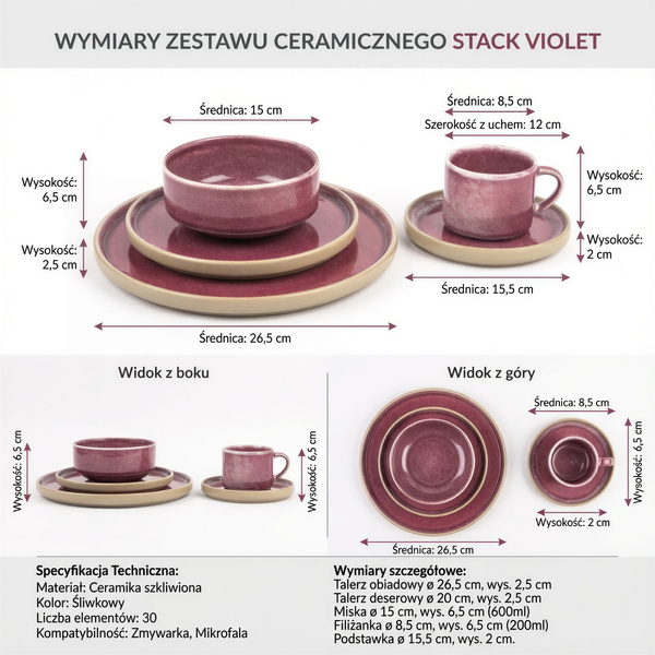 SERWIS OBIADOWYO KAWOWY 30 EL. DLA 6 OSÓB FILIŻANKI DO KAWY FIOLET CERAMIKA