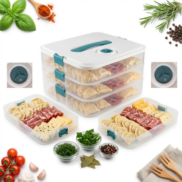 POJEMNIKI ORGANIZER PUDEŁKO POZIOMOWE DO PIEROGÓW WĘDLIN SERÓW ZESTAW 3W1