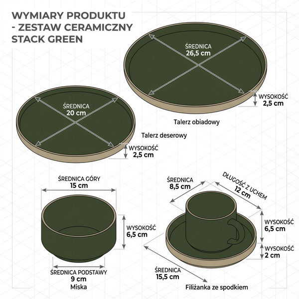 SERWIS OBIADOWYO KAWOWY 30 EL. DLA 6 OSÓB FILIŻANKI DO KAWY GREEN CERAMIKA