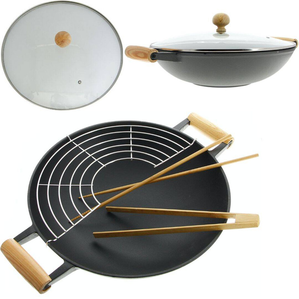 WOK ŻELIWNY PATELNIA 37 CM Ø POKRYWKA ZESTAW + PRZYBORY
