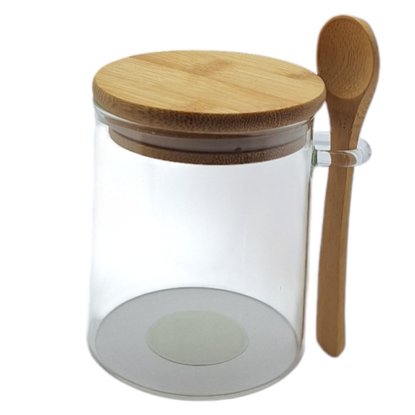 POJEMNIK SZKLANY 400 ml SŁOICZEK Z BAMBUSOWĄ POKRYWKĄ I ŁYŻECZKĄ