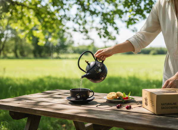 ZAPARZACZ FILIŻANKA SPODEK 0,4L ZESTAW CZARNY ŻELIWNY DO HERBATY PTASZEK