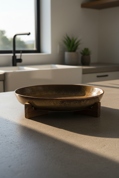 PÓLMISEK PATERA Z DREWNIANĄ POSTAWKĄ CERAMIKA DUŻY UNIKALNY WYGLĄD