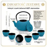 CZAJNIK ŻELIWNY ZAPARZACZ 1,8L Z ZESTAW 6 CZAREK DO HERBATY ZIÓŁ TURKUSOWY