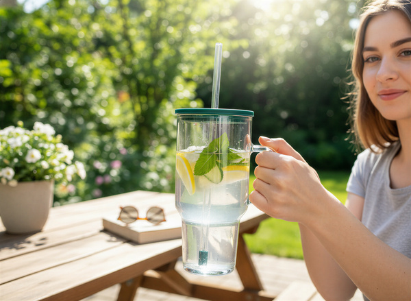 KUBEK BIDON SZKLANY TYPU STANLEY BIG 1,1L PRZEZROCZYSTY Z POKRYWKĄ I SŁOMKĄ