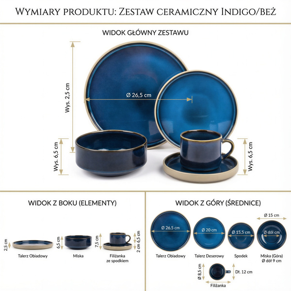 SERWIS OBIADOWYO KAWOWY 30 EL. DLA 6 OSÓB FILIŻANKI DO KAWY BLUE CERAMIKA