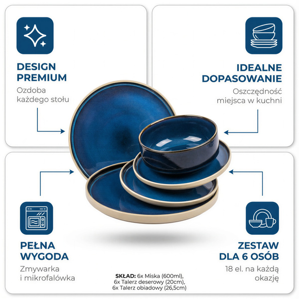 SERWIS OBIADOWY KOMPLET TALERZY 18EL. ZASTAWA OBIADOWA ZESTAW NA 6 OSÓB