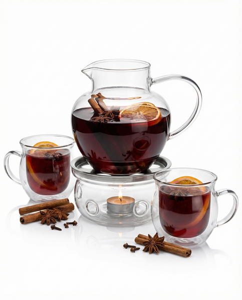 ZESTAW DO GRZANEGO WINA GRZAŃCA DZBANEK 1L FILIŻANKI x2 SZKŁO+ PODGRZEWACZ