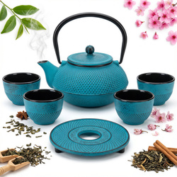 CZAJNIK ŻELIWNY 1,5L ZAPARZACZ 5 ele.TURKUSOWY DO HERBATY 4  CZARKI  ZESTAW NA PREZENT