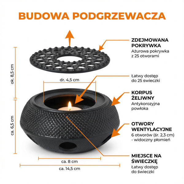 PODGRZEWACZ ŻELIWNY CZARNY Ø 14,7 CM DO PODGRZEWANIA SOLIDNY NA ŚWIECZKI