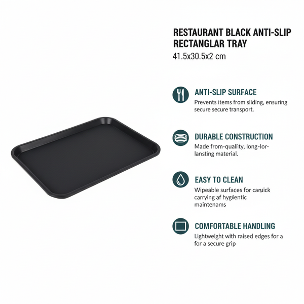 TACA KELNERSKA KUCHENNA CZARNA PROSTOKĄTNA ANTYPOŚLIZGOWA 41.5×30.5×2 cm