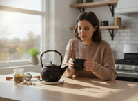 CZAJNIK ŻELIWNY IMBRYK 1,8L ZAPARZACZ DO HERBATY Z MIEDZIANYMI AKCENTAMI