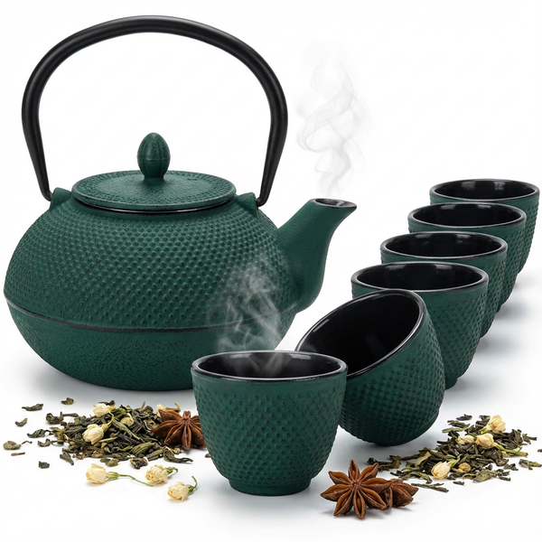 CZAJNIK ŻELIWNY ZAPARZACZ 1,8L Z ZESTAW 6 CZAREK DO HERBATY ZIÓŁ ZIELONY