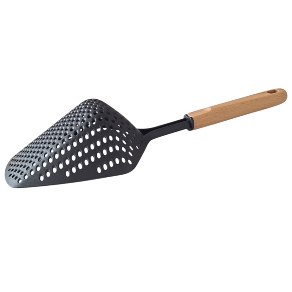 SZUMÓWKA ŁYŻKA CEDZAKOWA NYLON DREWNO 36 CM DO KLUSEK I PIEROGÓW ODCEDZANIA