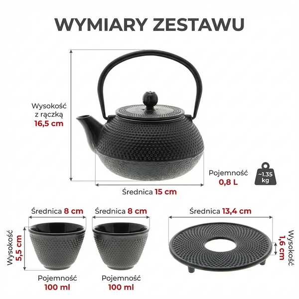 CZAJNIK ŻELIWNY 0,8L IMBRYK ZAPARACZ ZESTAW 2x CZARKI PODSTAWKA CZARNY
