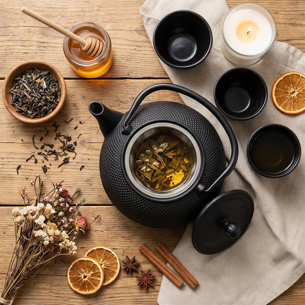 CZAJNIK ŻELIWNY ZAPARZACZ 1,8L Z ZESTAW 6 CZAREK DO HERBATY ZIÓŁ CZARNY