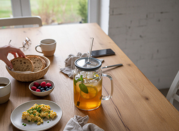 KUBEK BIDON DUŻY SZKLANY 1,5L PRZEZROCZYSTY Z POKRYWKĄ I SŁOMKĄ BIG SZKLANA