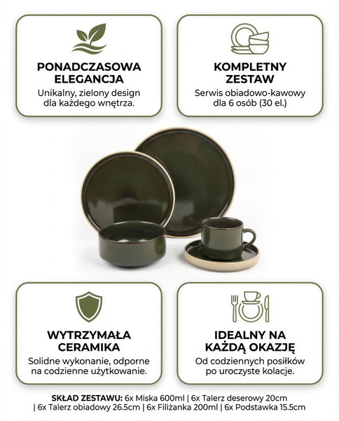 SERWIS OBIADOWYO KAWOWY 30 EL. DLA 6 OSÓB FILIŻANKI DO KAWY GREEN CERAMIKA