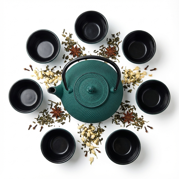 CZAJNIK ŻELIWNY ZAPARZACZ 1,8L Z ZESTAW 6 CZAREK DO HERBATY ZIÓŁ ZIELONY